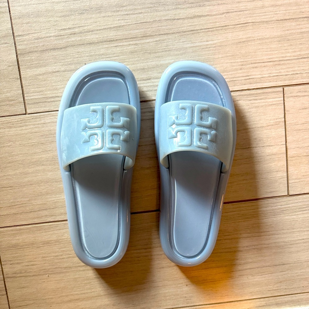 Tory Burch Powder Blue Logo Slide Sandals